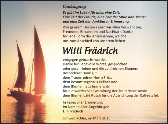 Traueranzeige von Willi Frädrich von Märkische Oderzeitung