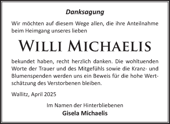 Traueranzeige von Willi Michaelis von Märkische Oderzeitung