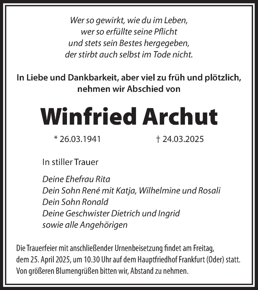 Traueranzeige für Winfried Archut vom 12.04.2025 aus Märkische Oderzeitung