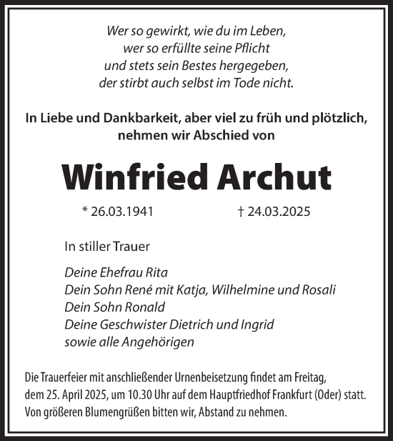 Traueranzeige von Winfried Archut von Märkische Oderzeitung