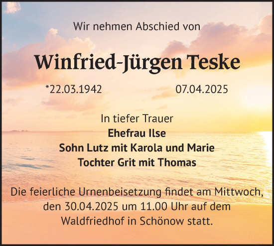 Traueranzeige von Winfried-Jürgen Teske von Märkische Oderzeitung