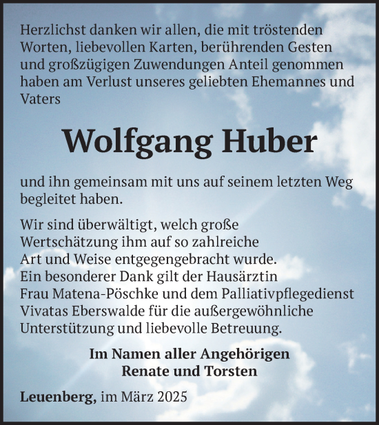 Traueranzeige von Wolfgang Huber von Märkische Oderzeitung