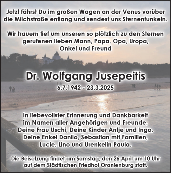 Traueranzeige von Wolfgang Jusepeitis von Märkische Oderzeitung