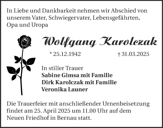Traueranzeige von Wolfgang Karolczak von Märkische Oderzeitung