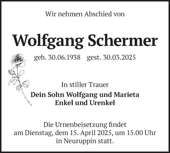 Traueranzeige von Wolfgang Schermer von Märkische Oderzeitung