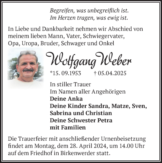 Traueranzeige von Wolfgang Weber von Märkische Oderzeitung
