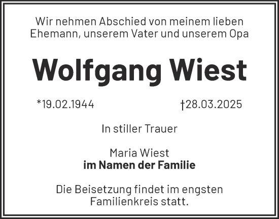 Traueranzeige von Wolfgang Wiest von Märkische Oderzeitung