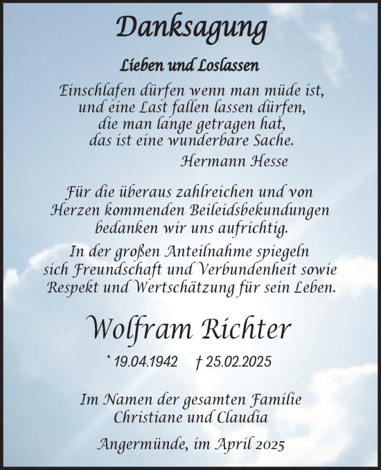 Traueranzeige von Wolfram Richter von Märkische Oderzeitung