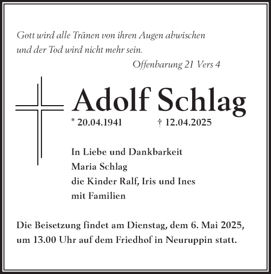 Traueranzeige von Adolf Schlag von Märkische Oderzeitung