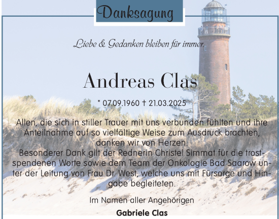 Traueranzeige von Andreas Clas von Märkische Oderzeitung