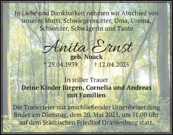 Traueranzeige von Anita Ernst  von Märkische Oderzeitung
