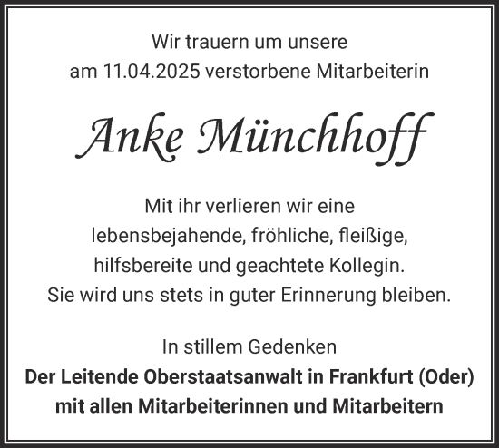 Traueranzeige von Anke Münchhoff von Märkische Oderzeitung
