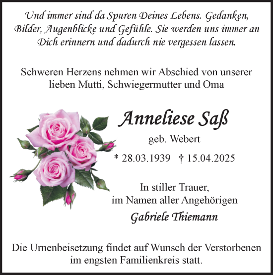 Traueranzeige von Anneliese Saß von Märkische Oderzeitung