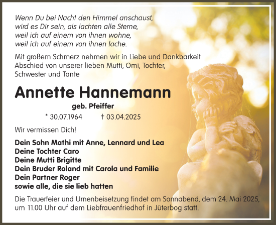 Traueranzeige von Annette  Hannemann von Märkische Oderzeitung