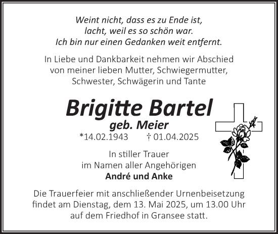 Traueranzeige von Brigitte Bartel von Märkische Oderzeitung