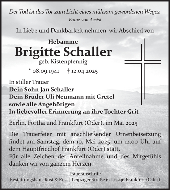 Traueranzeige von Brigitte Schaller von Märkische Oderzeitung