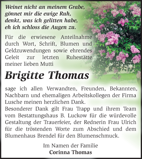 Traueranzeige von Brigitte Thomas von Märkische Oderzeitung