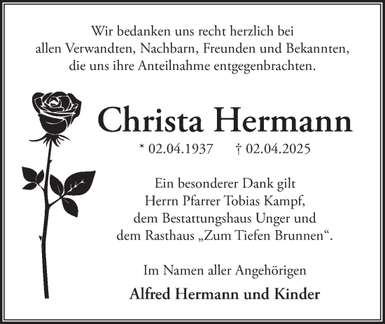 Traueranzeige von  Christa Hermann  von Märkische Oderzeitung