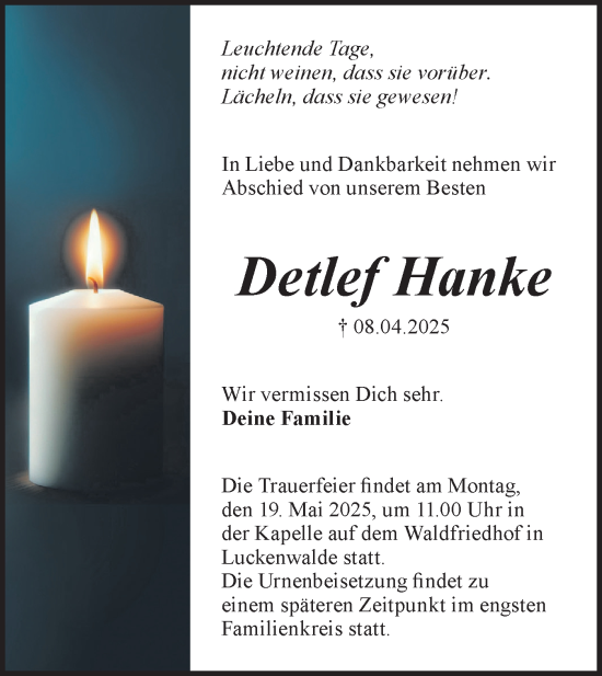 Traueranzeige von Detlef Hanke von Märkische Oderzeitung