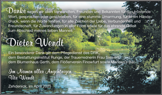 Traueranzeige von Dieter Wendt von Märkische Oderzeitung