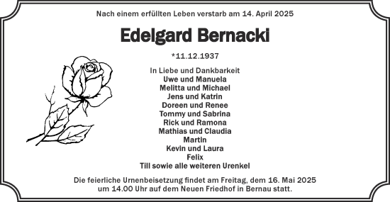 Traueranzeige von Edelgard Bernacki von Märkische Oderzeitung