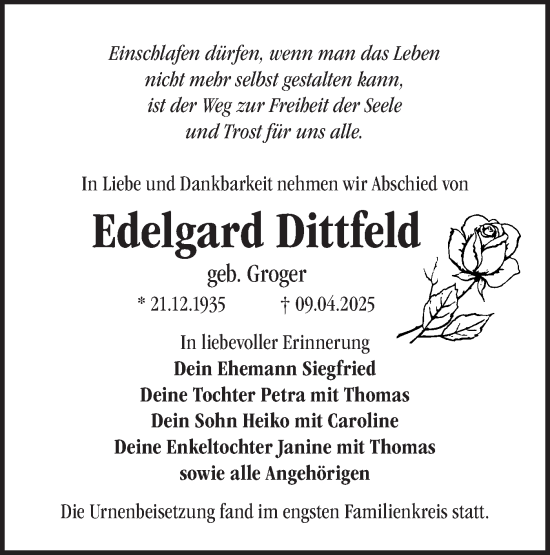 Traueranzeige von Edelgard Dittfeld von Märkische Oderzeitung