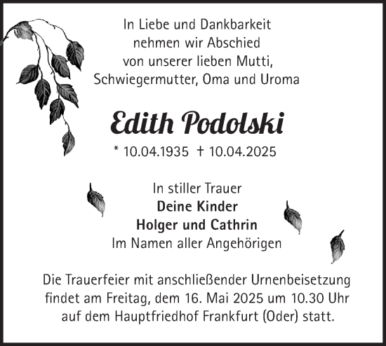 Traueranzeige von Edith Podolski von Märkische Oderzeitung