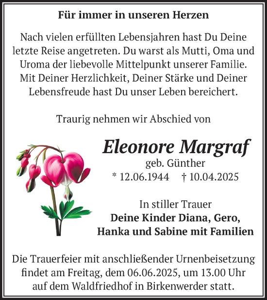 Traueranzeige von Eleonore Margraf von Märkische Oderzeitung