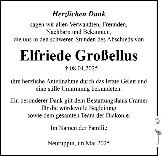 Traueranzeige von  Elfriede  Großellus von Märkische Oderzeitung