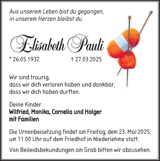 Traueranzeige von Elisabeth Pauli von Märkische Oderzeitung