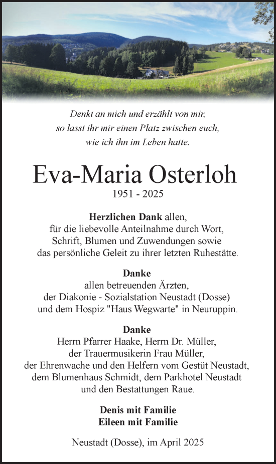 Traueranzeige von Eva-Maria Osterloh von Märkische Oderzeitung