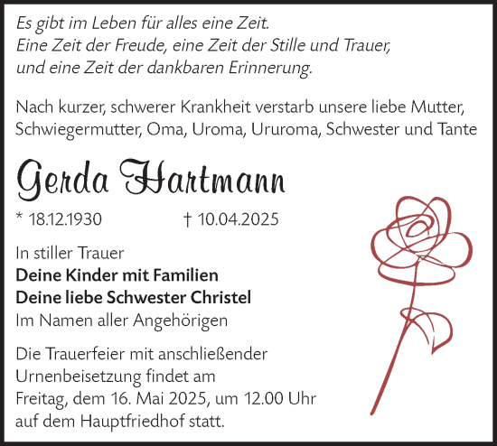 Traueranzeige von Gerda Hartmann von Märkische Oderzeitung