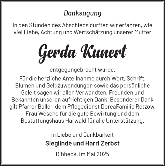 Traueranzeige von Gerda Kunert von Märkische Oderzeitung