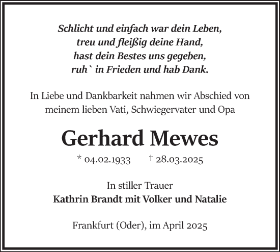 Traueranzeige von Gerhard Mewes von Märkische Oderzeitung