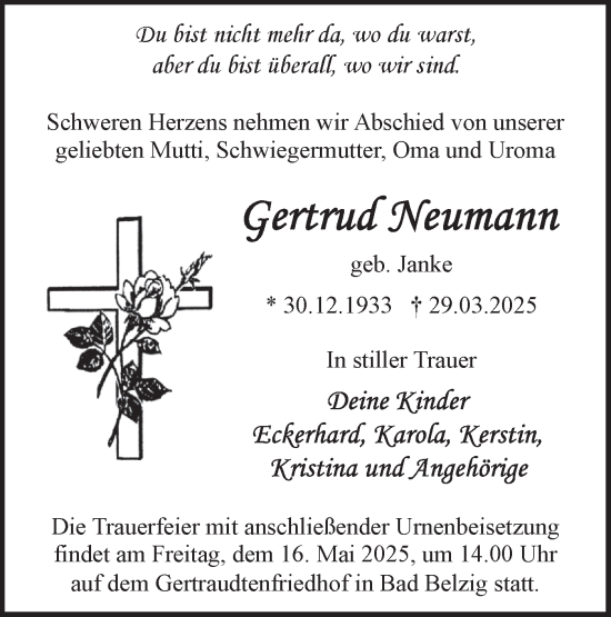 Traueranzeige von Gertrud Neumann von Märkische Oderzeitung
