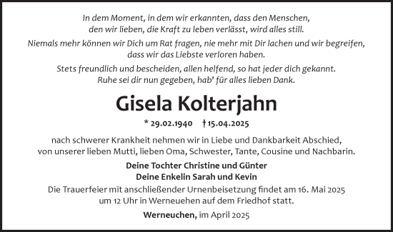 Traueranzeige von Gisela Kolterjahn  von Märkische Oderzeitung