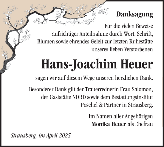 Traueranzeige von Hans-Joachim Heuer von Märkische Oderzeitung