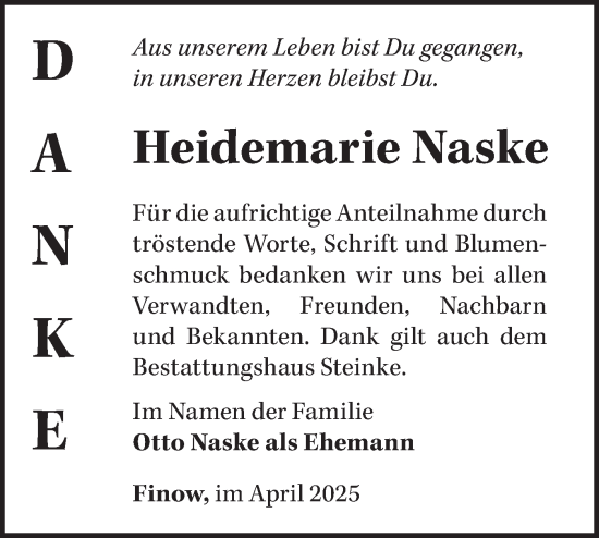 Traueranzeige von Heidemarie Naske von Märkische Oderzeitung
