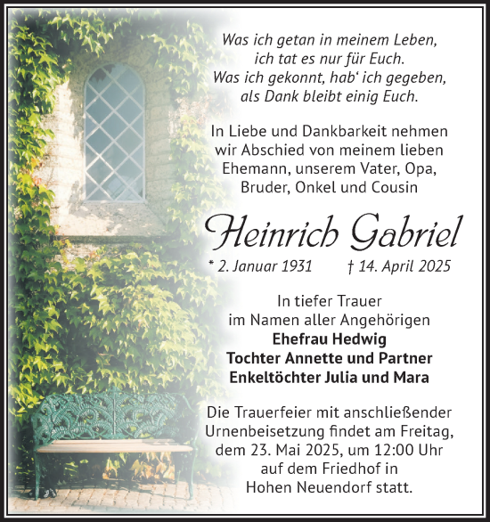 Traueranzeige von Heinrich  Gabriel von Märkische Oderzeitung