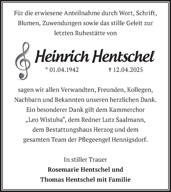Traueranzeige von Heinrich Hentschel von Märkische Oderzeitung
