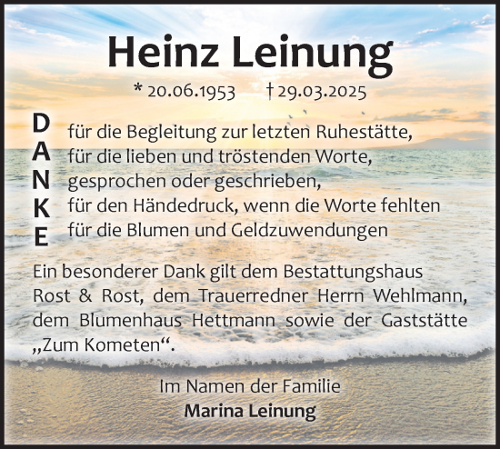 Traueranzeige von  Heinz Leinung  von Märkische Oderzeitung