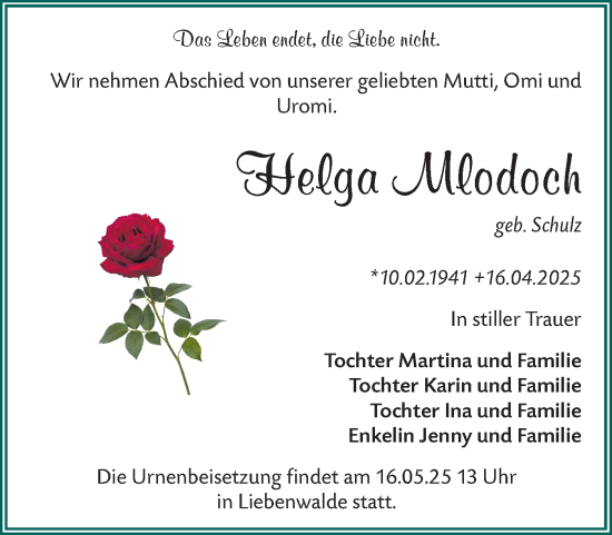 Traueranzeige von Helga Mlodoch von Märkische Oderzeitung