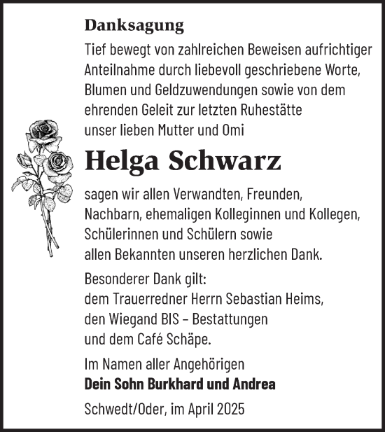 Traueranzeige von Helga Schwarz von Märkische Oderzeitung