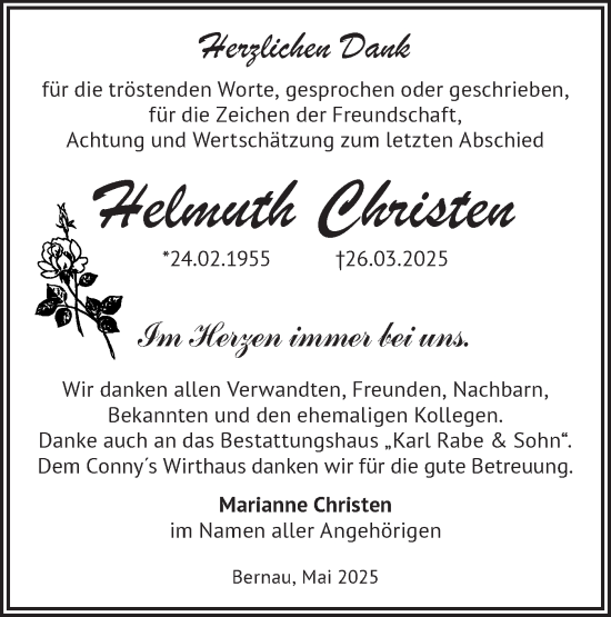 Traueranzeige von Helmuth Christen von Märkische Oderzeitung