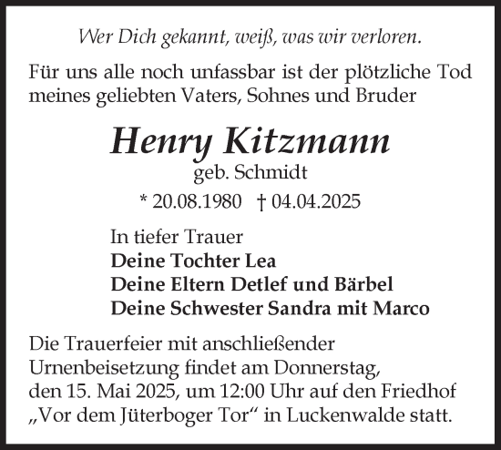 Traueranzeige von Henry  Kitzmann von Märkische Oderzeitung