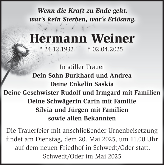 Traueranzeige von Hermann Weiner  von Märkische Oderzeitung