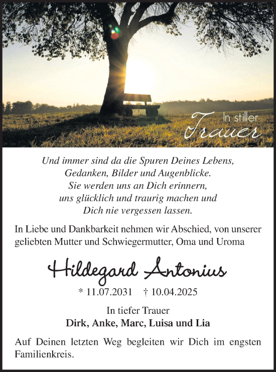 Traueranzeige von Hildegard Antonius von Märkische Oderzeitung
