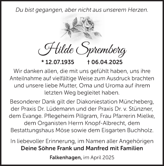Traueranzeige von  Hilde Spremberg  von Märkische Oderzeitung