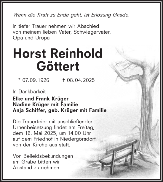 Traueranzeige von Horst Reinhold Göttert von Märkische Oderzeitung