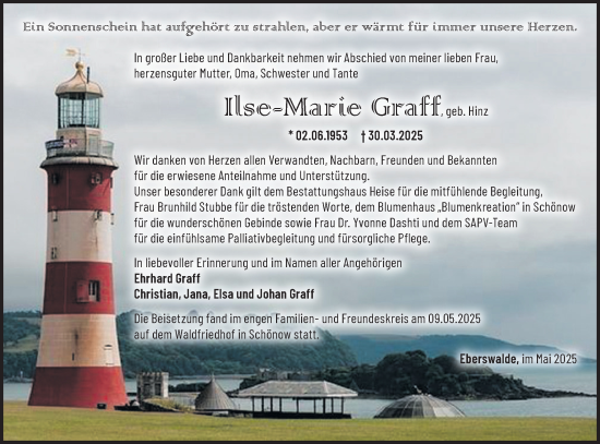 Traueranzeige von  Ilse-Marie  Graff von Märkische Oderzeitung